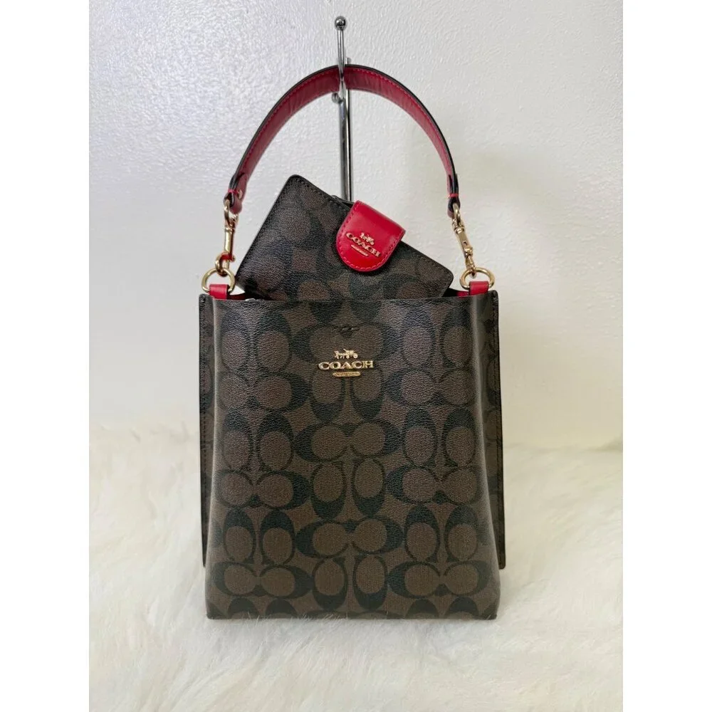 Coach Town Bucket Bag Red Brown Monogram Coated Canva Leather WT Matching Wallet